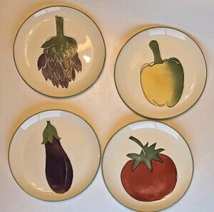 Harry and David Set Of 4 Vegetable Lunch Plates Tomato, Eggplant, Pepper, Choke